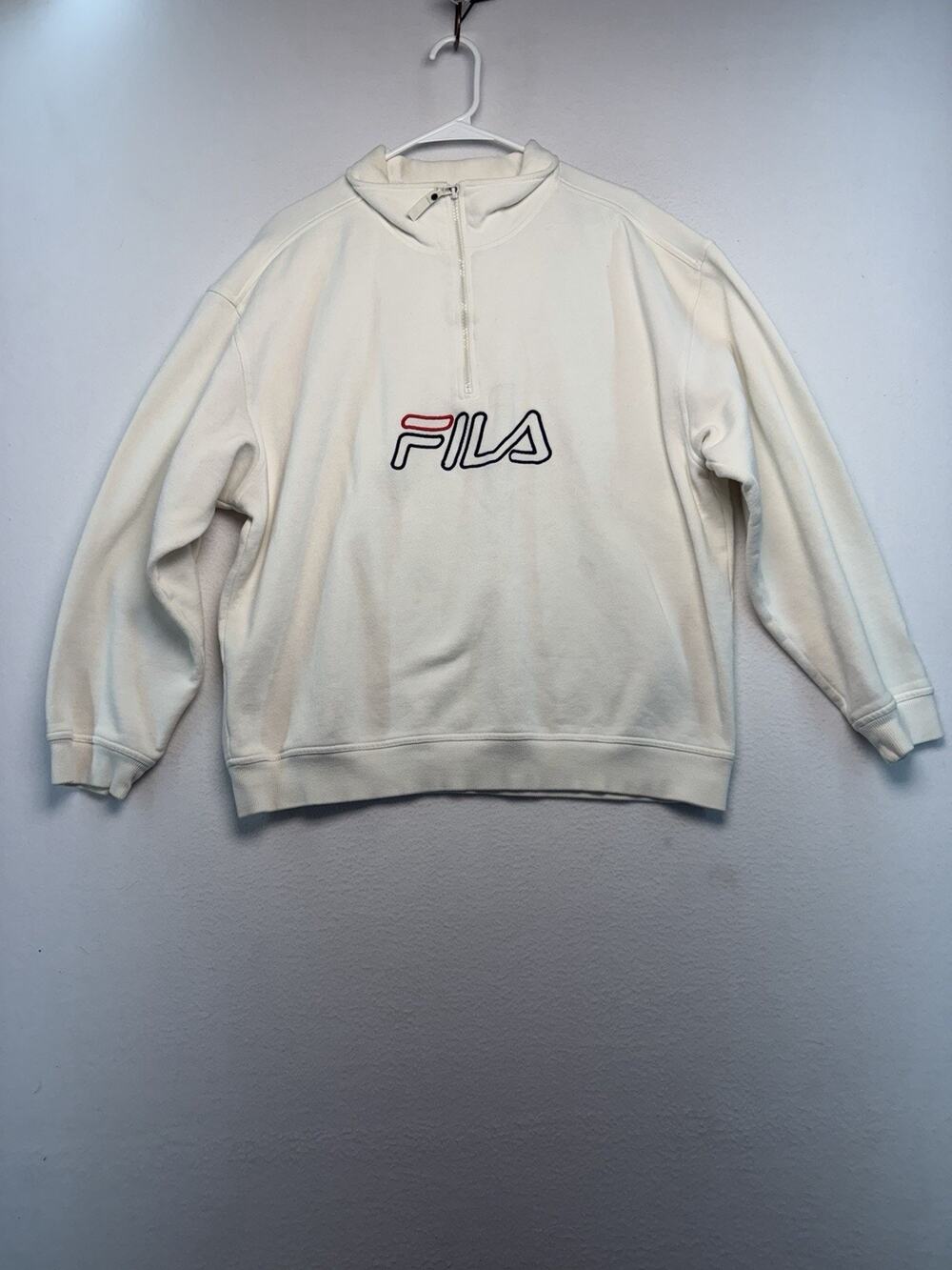 Vintage FILA Men Sweatshirt XL White 1/4 Zip Mock Neck Pullover Logo 90s Active
